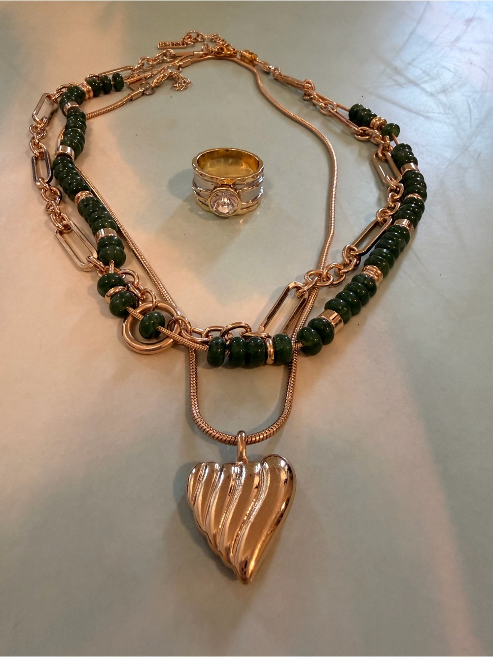 Nine West Gold-Tone Layered Heart Pendant Necklace with Green Beads + ring sz8